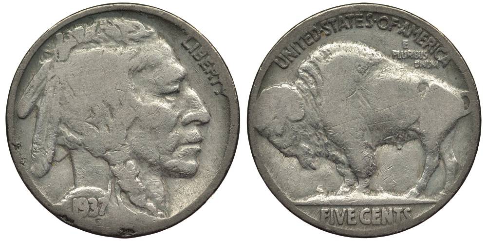 США 5 ЦЕНТОВ 1937 ИНДЕЕЦ, БИЗОН KM 134 медно-никель 27-657