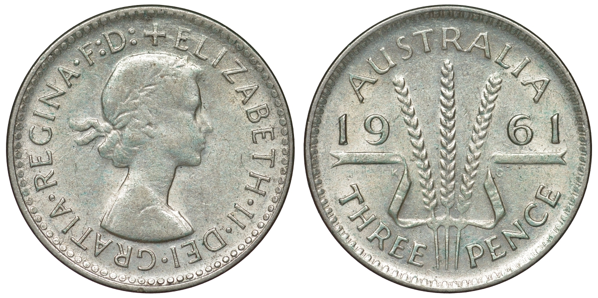 Австралия 3 пенса 1961 m, Елизавета II (1952-2022) KM 57 серебро 71-756