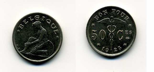 БЕЛЬГИЯ 50 САНТИМОВ 1923 BELGIQUE KM 87 никель 46-336