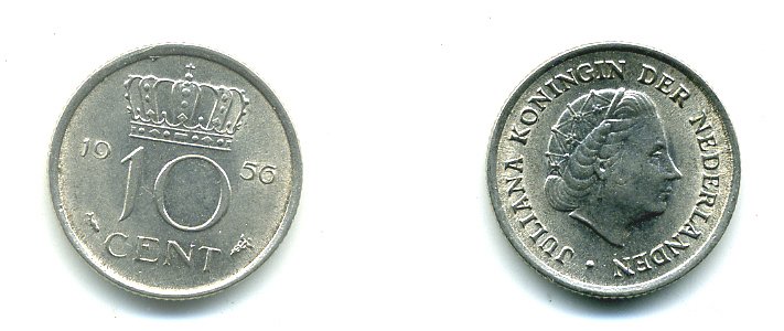 НИДЕРЛАНДЫ 10 ЦЕНТОВ 1956 ЮЛИАНА KM 182 никель 76-328