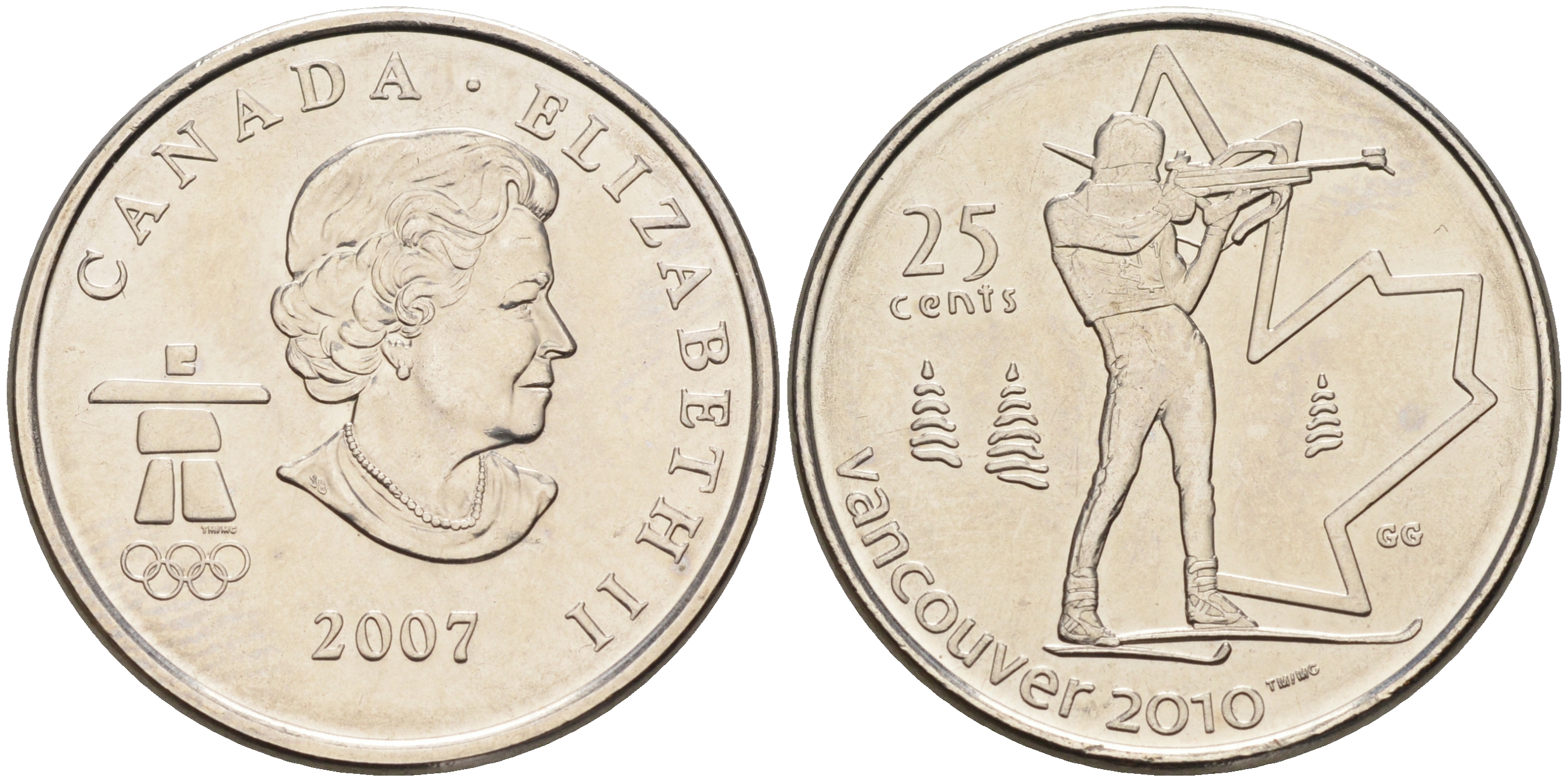 Канада 25 центов 2007 Елизавета II, зимние Олимпийские игры 2010 года в Ванкувере, биатлон KM 685 сталь плакированная никелем  UNC  4150-535