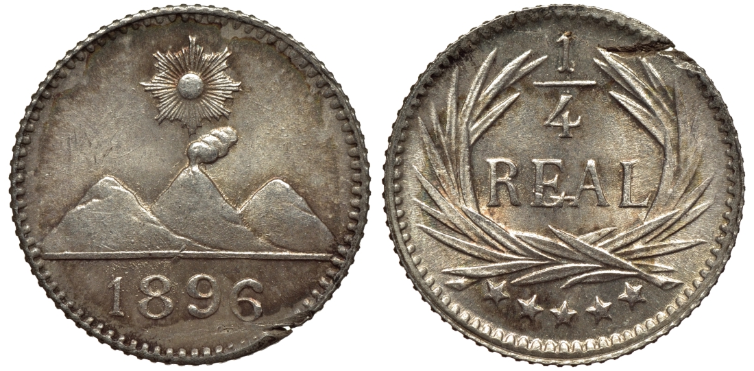Гватемала 1/4 реала 1896 5 звезд, Испанское правление KM 162 серебро 66-321