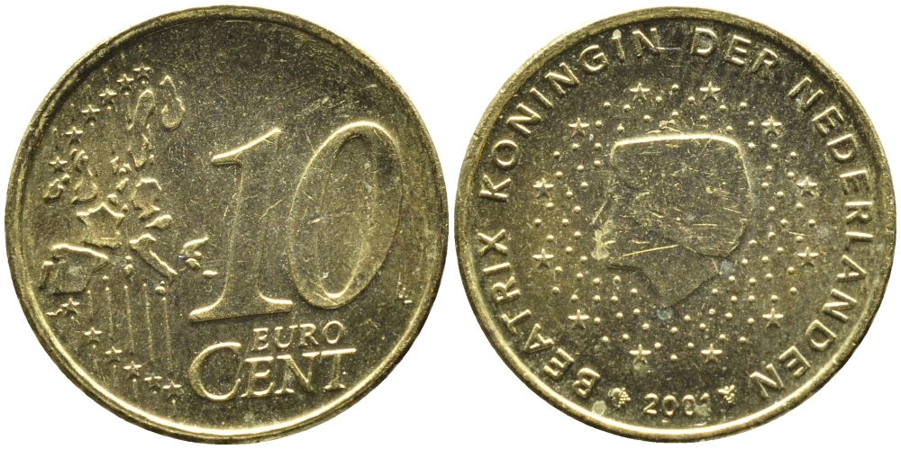 Нидерланды 10 евроцентов 2001 Беатрикс (1980-2013) KM 237 нордик UNC 4391-313