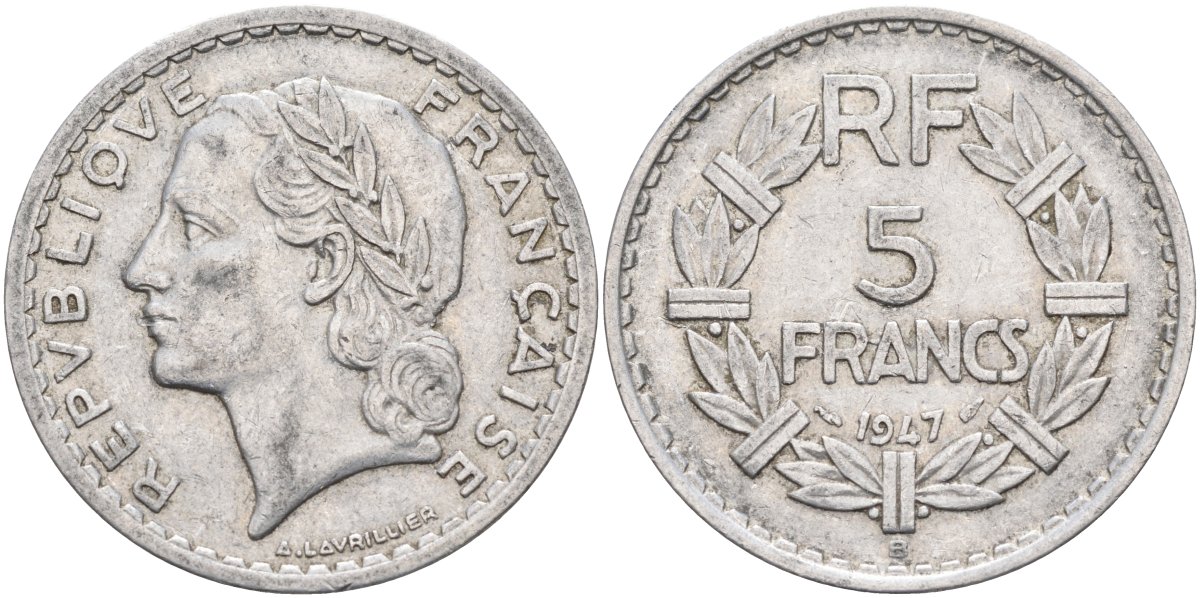 Франция 5 франков 1947 В, тип Lavrillier KM 886а.2, Le Franc 339.11 алюминий 4367-645