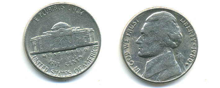 США 5 ЦЕНТОВ 1980 ДЖЕФФЕРСОН KM А192 медно-никель 86-557