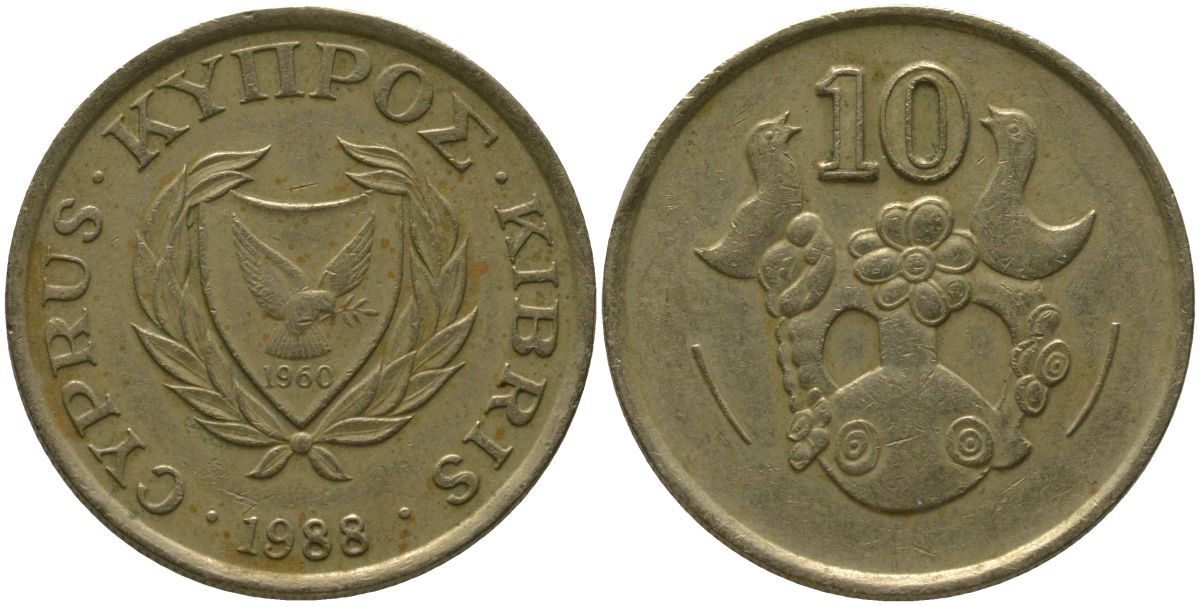 Кипр 10 центов 1988 KM 56.2 никель латунь 4380-256