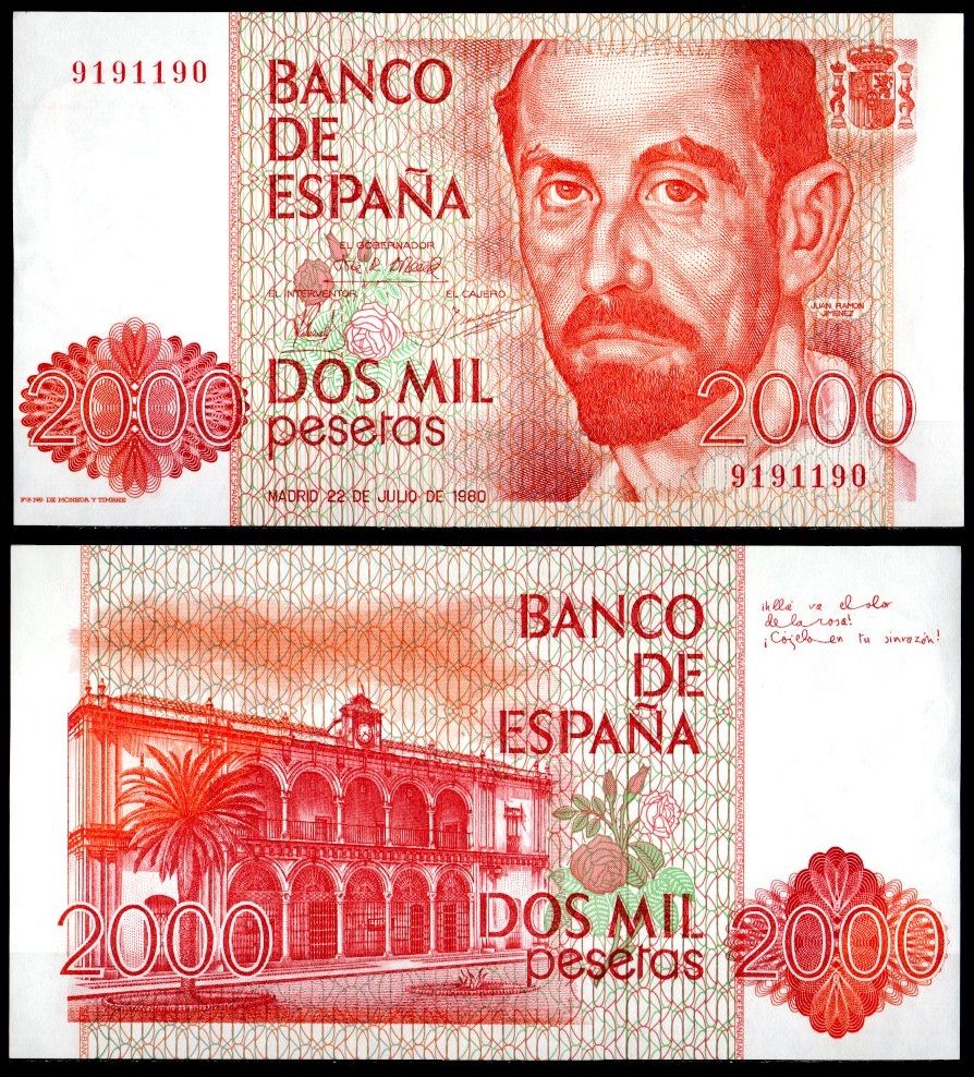 Испания 2000 песет 1980 Хуан Рамон Хименес Pick 159 бумага UNC (пресс) 451-1093-1