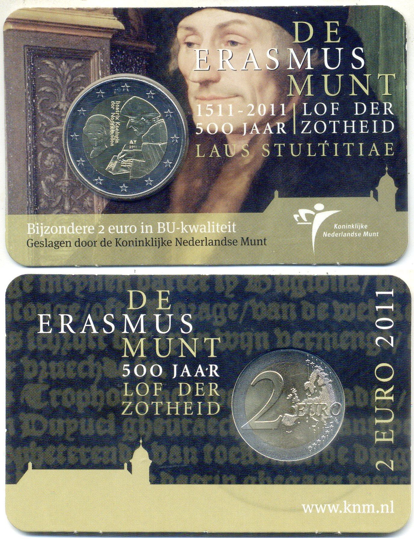 Нидерланды 2 евро 2011 500 лет издания книги «Похвала глупости» Эразма Роттердамского, в оригинальном блистере KM 303 биметалл BU 4-5-2-18