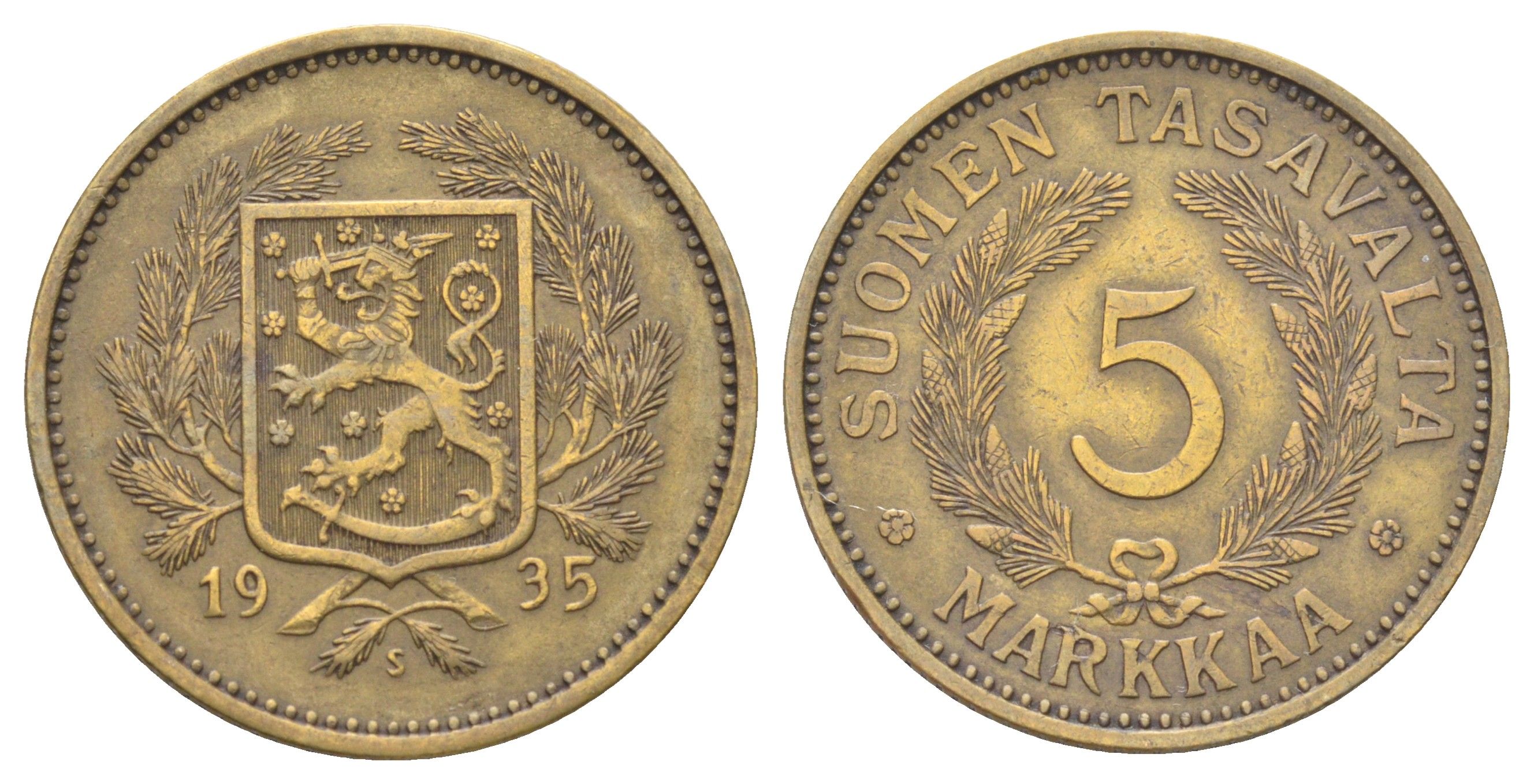 Финляндия 5 марок 1935 S, редкий год, тираж 440.000 KM 31 алюминиевая бронза 4666-832
