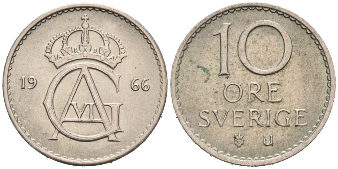 Швеция 10 эре 1966 Густав VI Адольф (1950-1973) KM 835 медно-никель 4564-814