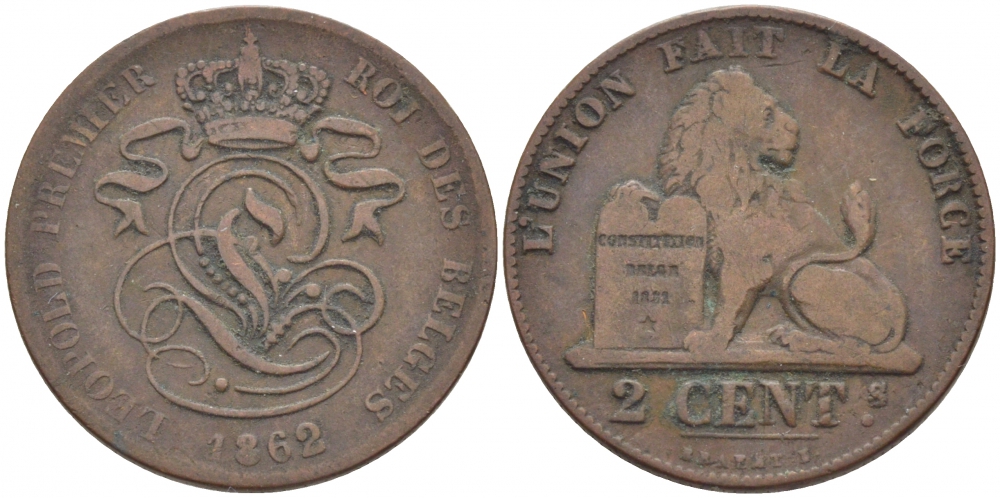 БЕЛЬГИЯ 2 САНТИМА 1862 BELGES KM 4.2 медь 4448-631