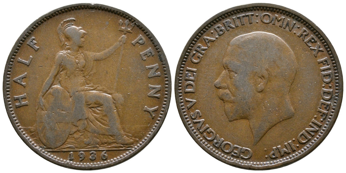 Великобритания 1/2 пенни 1936 Георг V (1910-1936) KM 837, Spink 4058 бронза 08-734