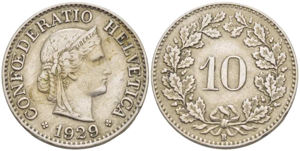 Швейцария 10 раппенов 1929 B KM 27 медно-никель     4513-235