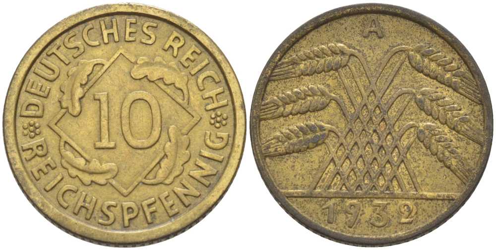 ГЕРМАНИЯ 10 РЕЙХСПФЕННИГОВ 1932 A KM 40, J. 317, Weege 9 алюминиевая бронза 210-412