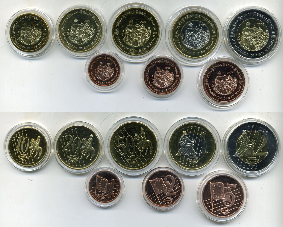 САН-МАРИНО НАБОР ИЗ 8 МОНЕТ 2005 ЕВРОПРОБНИКИ (крупный формат) СЕРТИФИКАТ КАПСУЛЫ, АРХИТЕКТУРА биметалл PROOF 06-081-12