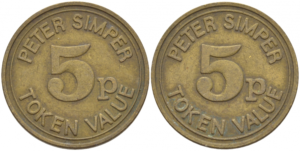 АНГЛИЯ ЖЕТОН ND 5Р TOKEN VALUE, PETER SIMPLER желтый металл 4544-1021