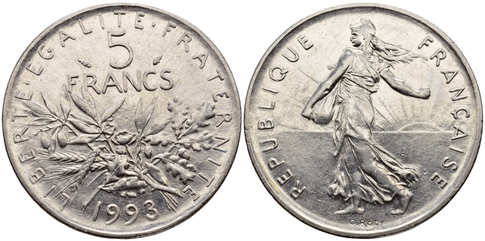 Франция 5 франков 1993 сеятель KM 926a.1 медно-никель плакированный никелем    1530-1424