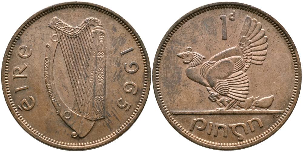 ИРЛАНДИЯ 1 ПЕННИ 1965 КУРИЦА С ЦЫПЛЯТАМИ KM 11 бронза 4531-716