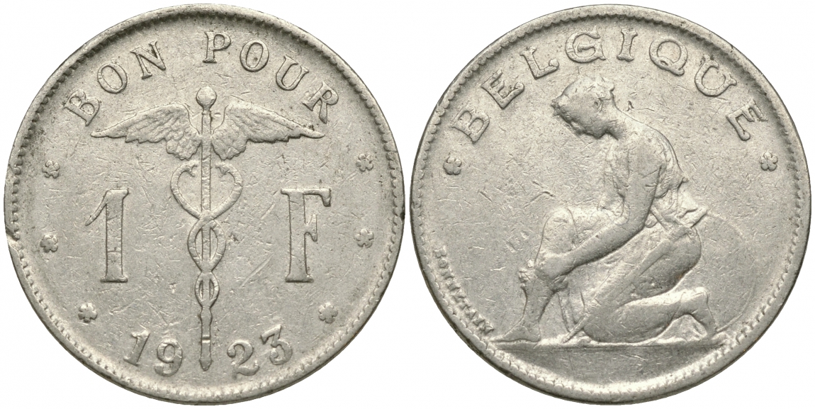 Бельгия 1 франк 1923 Belgique, Альберт I (1909-1934) KM 89 никель 51-1923
