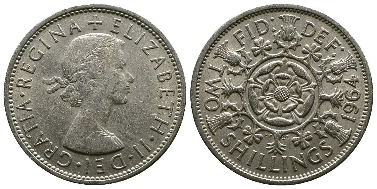 Великобритания 2 шиллинга (флорин) 1964 Елизавета II (1952-2022) KM 906, Spink 4146 медно-никель 4382-514