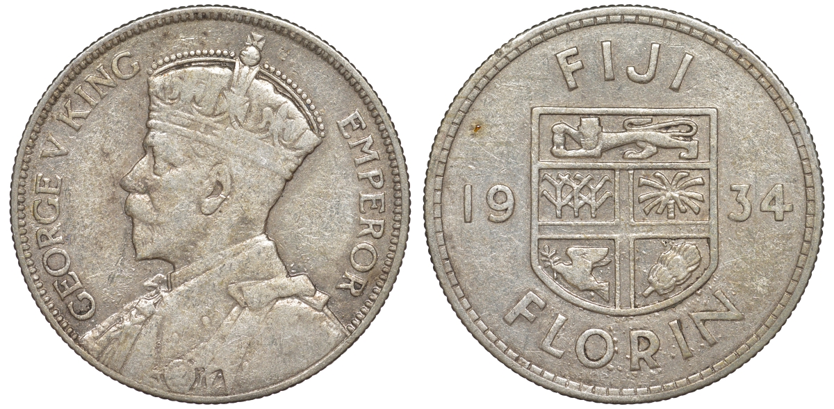 Фиджи 1 флорин 1934 Георг V (1910-1936), герб Фиджи KM 5 серебро    1531-1013