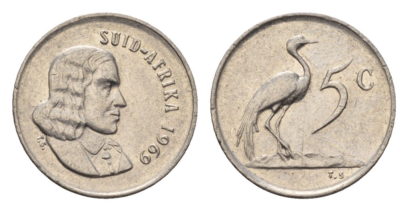 ЮАР 5 центов 1969 Ян ван Рибек (1619-1677), Suid Africa, легенда на африкаанс, райский журавль KM 67.2 медно-никель 4694-427
