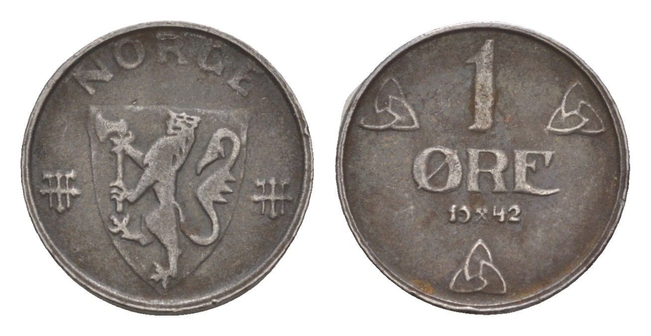 Норвегия 1 эре 1942 Хокон VII (1905-1957) KM 387 железо 4658-124