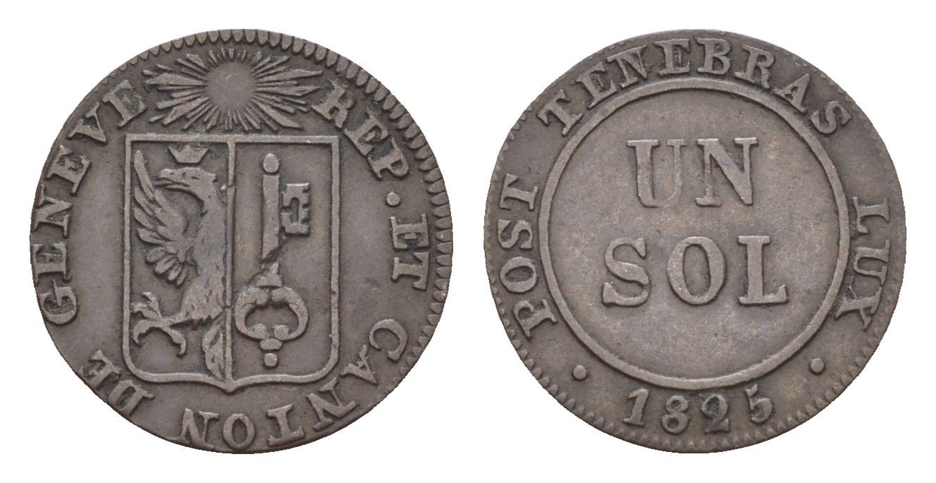 Швейцарские кантоны, Женева 1 соль 1825 год-тип KM 120 серебро 1526-1444