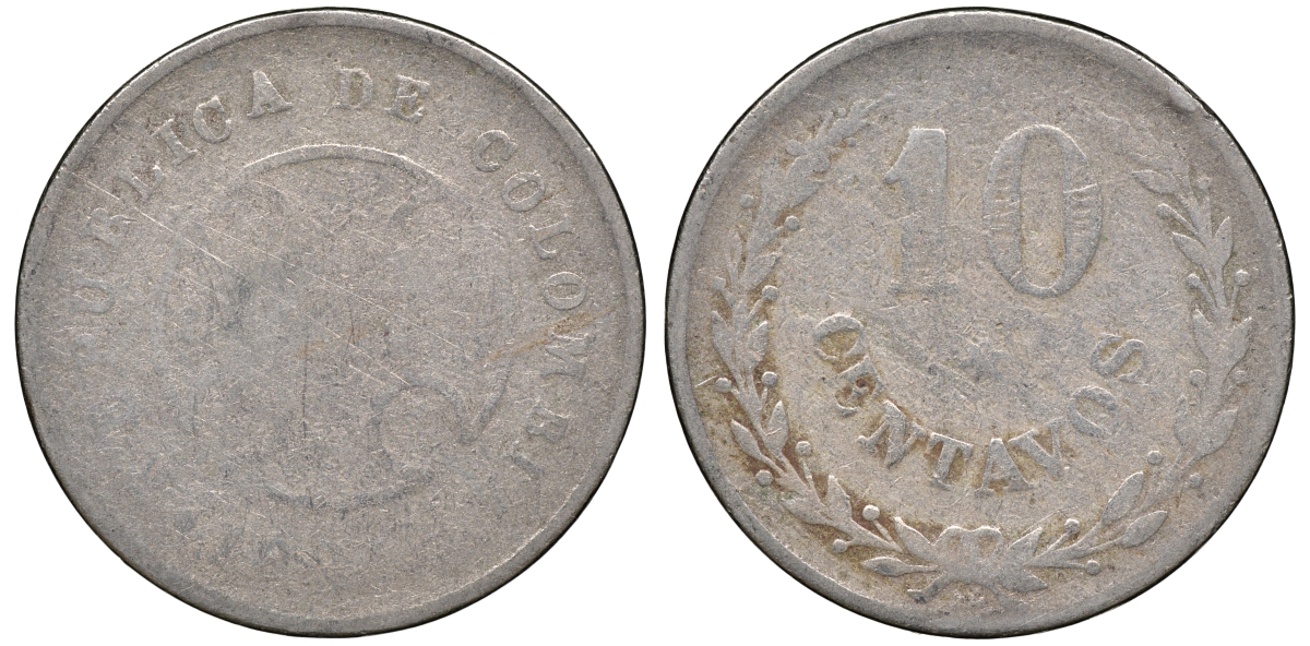 Колумбия 10 сентаво 1921 государственный лепрозорий KM L12 медно-никель 53-437
