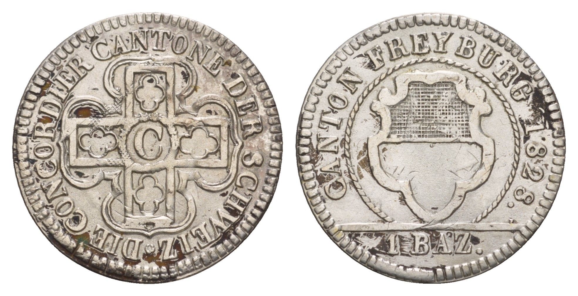 Швейцарские Кантоны, Фрибур 1 батцен = 10 раппенов 1828 KM 83 серебро 650-1424