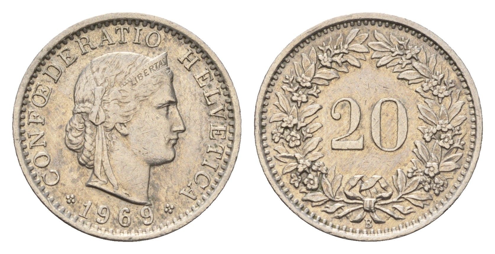 Швейцария 20 раппенов 1969 B KM 29a медно-никель 187-519