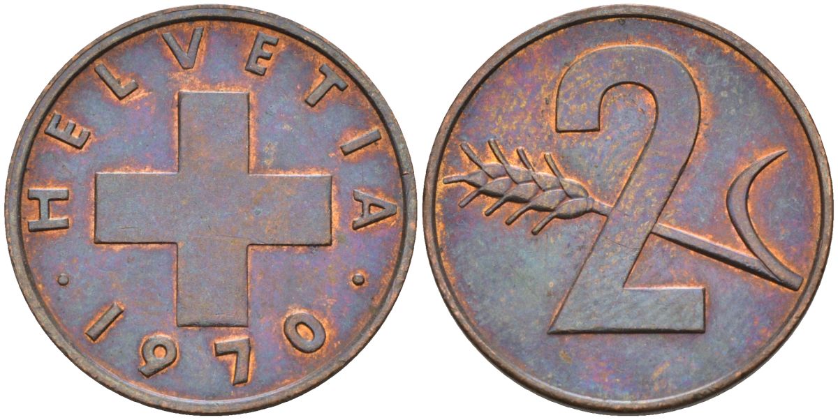 Швейцария 2 раппена 1970 KM 47 бронза 4592-712