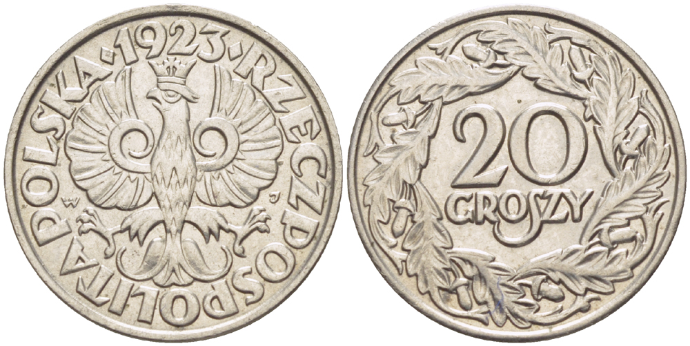 ПОЛЬША 20 ГРОШЕЙ 1923 KM 12, Parchimowicz 105 никель 216-916
