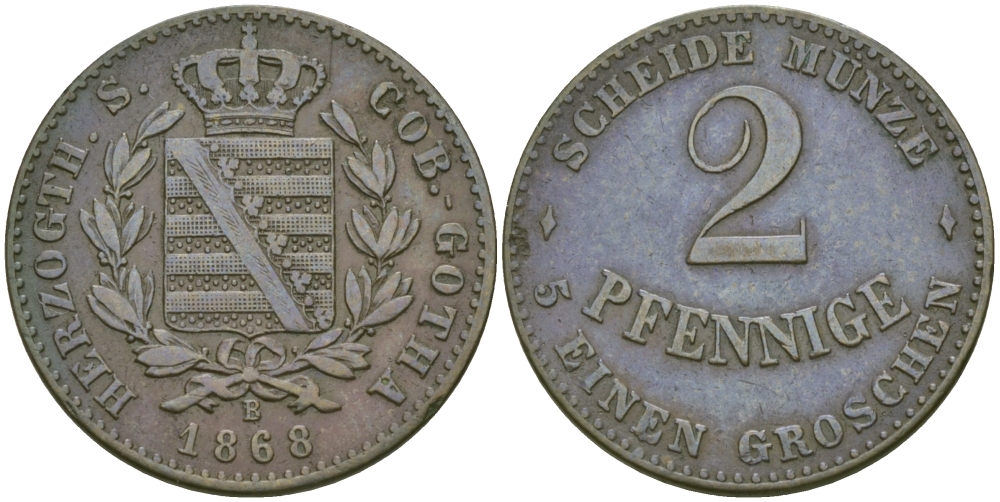 Саксен-Кобург и Гота 2 пфеннига 1868 В KM 110а медь 99-744