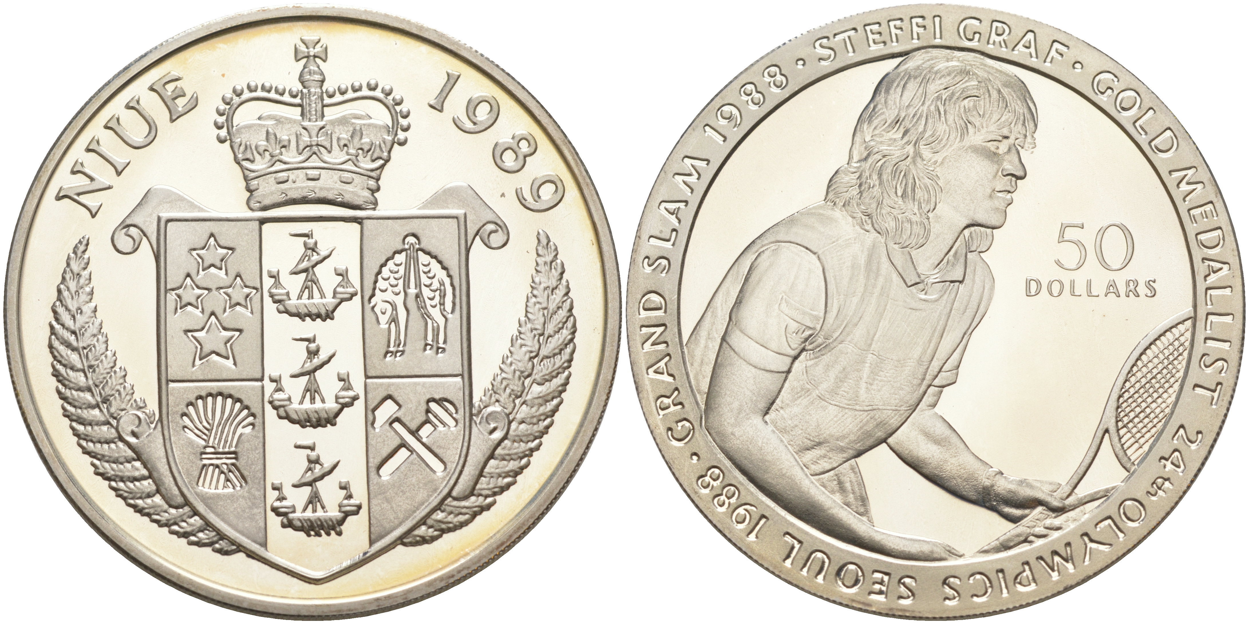 Ниуэ 50 долларов 1989 Олимпийские игры 1988 года в Сеуле 1988, Штеффи Граф, теннис KM 44 серебро PROOF 1074-5-22