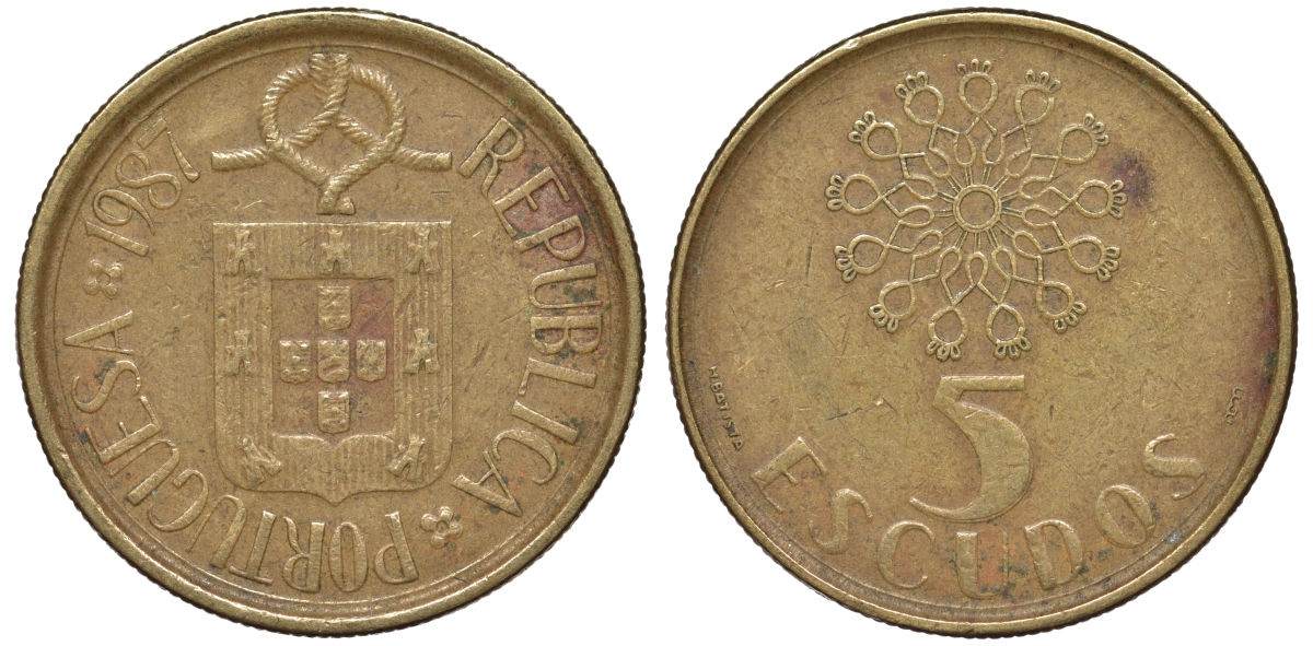 Португалия 5 эскудо 1987 KM 632 никель латунь 4142-1125