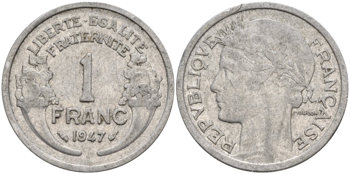 Франция 1 франк 1947 KM 885a.1 алюминий 4142-952