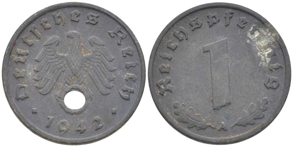 ГЕРМАНИЯ 1 РЕЙХСПФЕННИНГ 1942 A KM 97, J.369 цинк 201-963