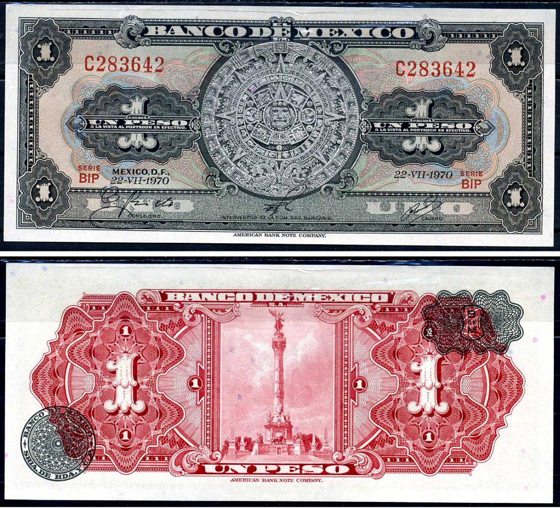 Мексика 1 песо 1970 22 июля 1970, Ацтекский календарь Pick 59l бумага UNC (пресс) 6281-31-1-2