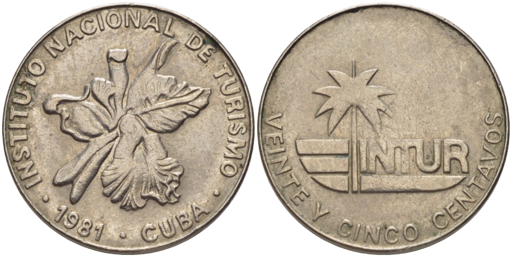 Куба 25 сентаво 1981 туристические деньги, INTUR, без номинала KM 417 медно-никель 67-1146