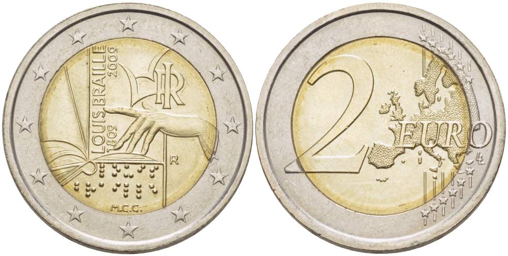 Италия 2 евро 2009 200 ЛЕТ СО ДНЯ РОЖДЕНИЯ ЛУИ БРАЙЛЯ KM 310 биметалл UNC 4514-952