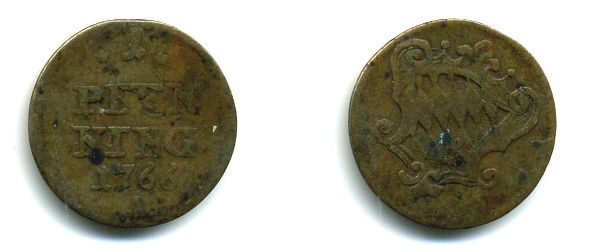 Бавария 1 пфенниг 1766 А KM 237 медь 00-00
