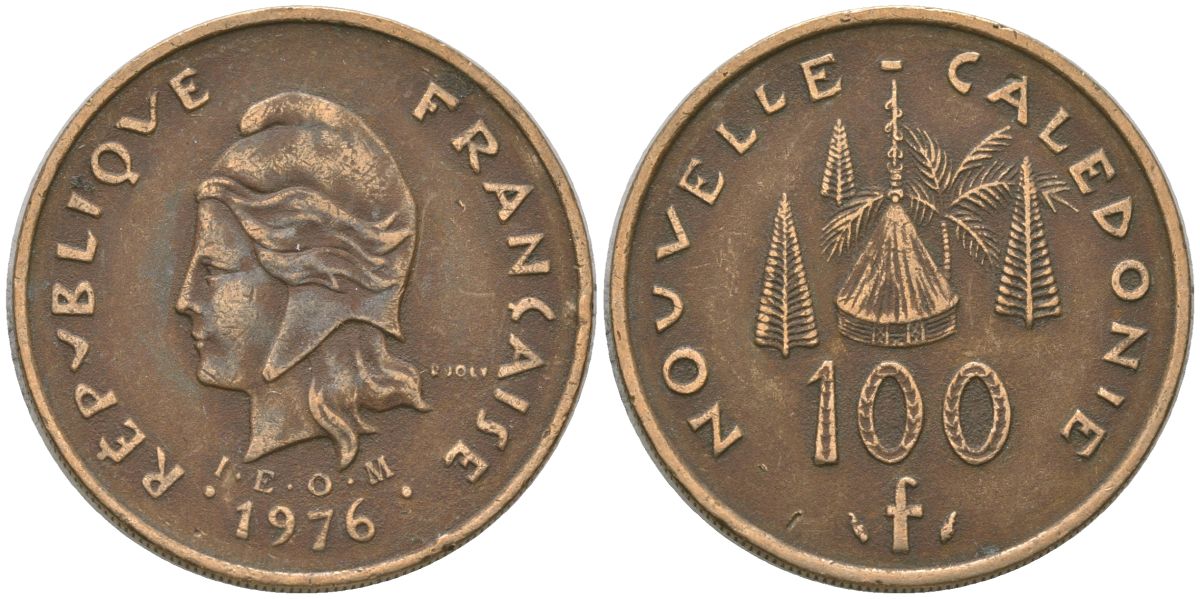Французская Новая Каледония 100 франков 1976 хижина среди сосен и пальм, (IEOM) KM 15, Schoen 16, Lec 130 никель латунь 4137-533
