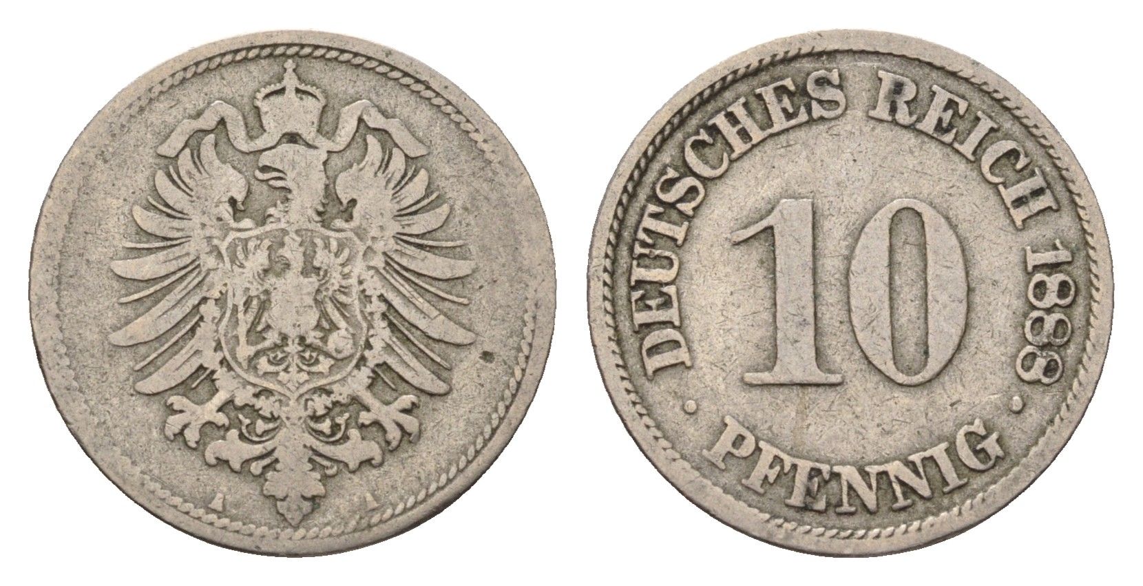 Германия 10 пфеннигов 1888 A, Вильгельм II (1888-1918) KM 4, J. 4 медно-никель 4636-542