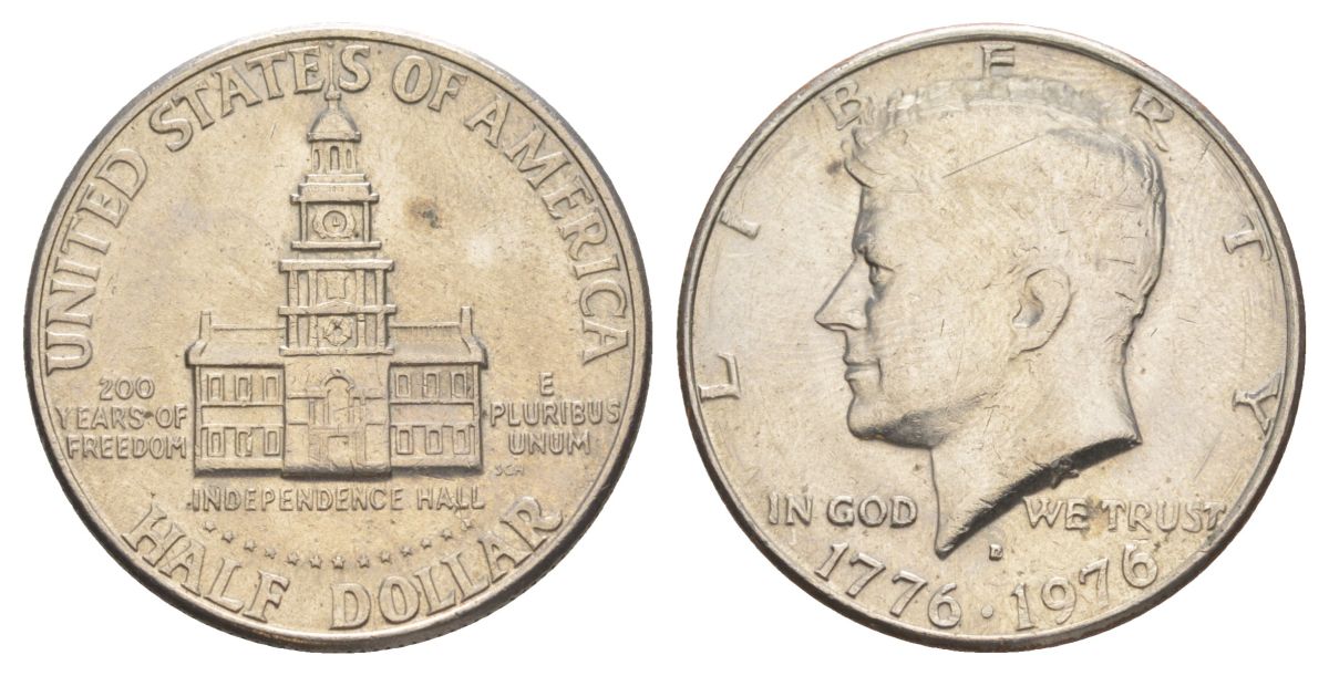 США 1/2 доллара (50 центов) 1976 D, 200 лет независимости, Джон Кеннеди KM 205 медь плакированная медно-никелем aUNC 4545-1212