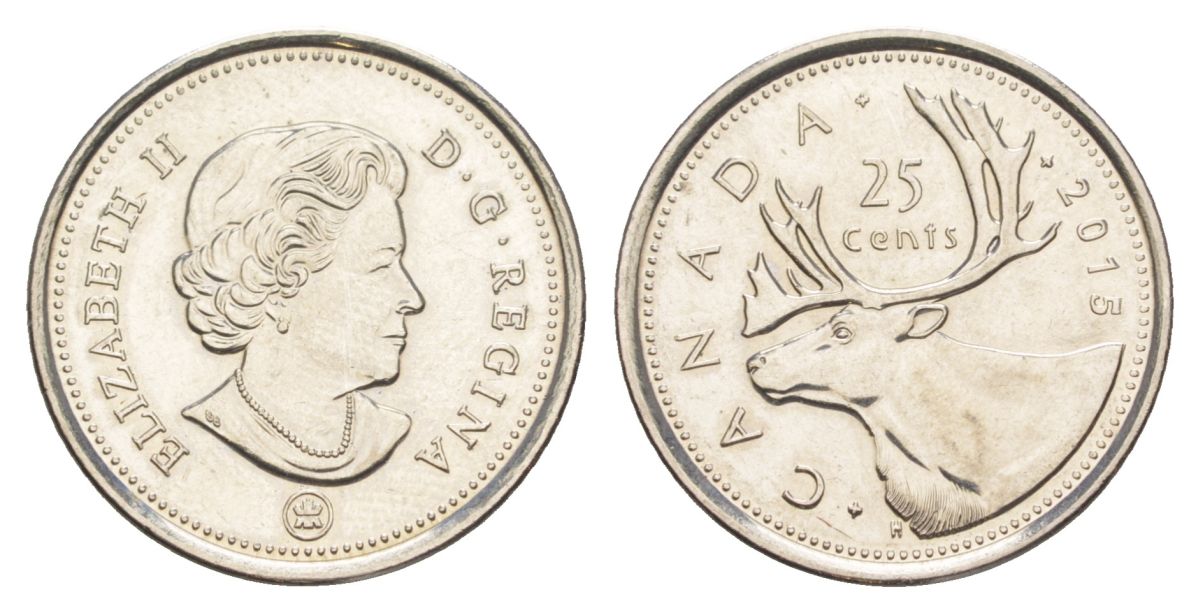 Канада 25 центов 2015 Leaf, Елизавета II (1952-2022), олень KM 2296 сталь плакированная никелем UNC 4631-735