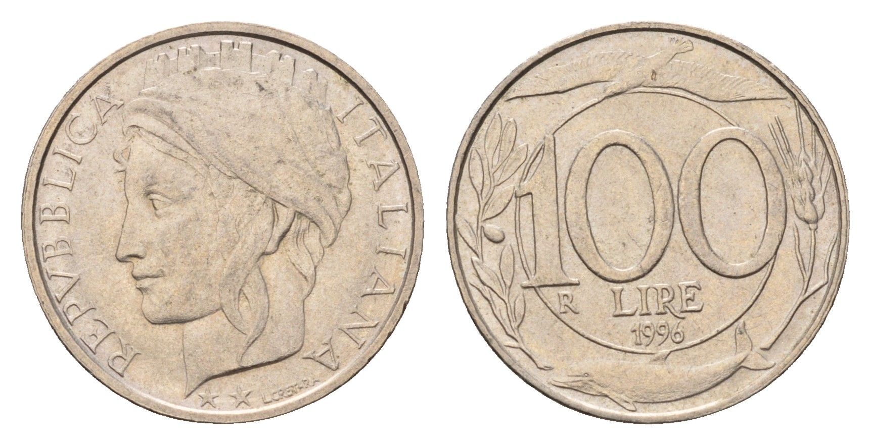 Италия 100 лир 1996 R, дельфины KM 159 медно-никель 4148-833