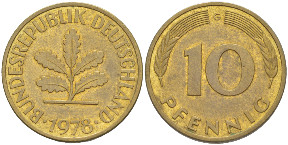 ФРГ 10 ПФЕННИГОВ 1978 G KM 108, J. 383 сталь плакированная латунью 4182-857