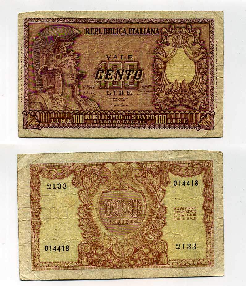 Италия 100 лир 1951 Афина в шлеме, Bolaffi, Cavallaro Pick 92 a бумага 450-82-2
