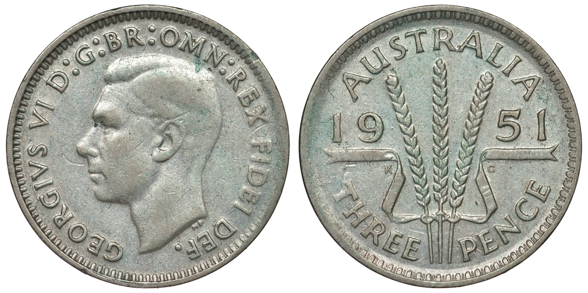 Австралия 3 пенса 1951 m, Георг VI (1937-1952), без букв KM 44 серебро 71-353